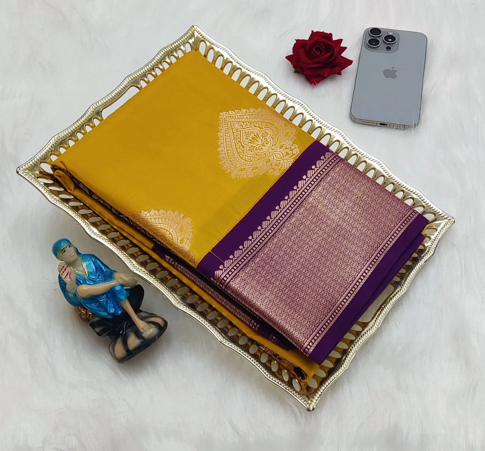 Butta Motif with Purple Contrast Border Korvai Soft Silk Saree